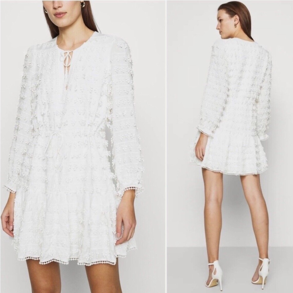 FARM Rio Mini Dress Fringe Detail White Tie Neck Small Cottagecore Beaded EUC